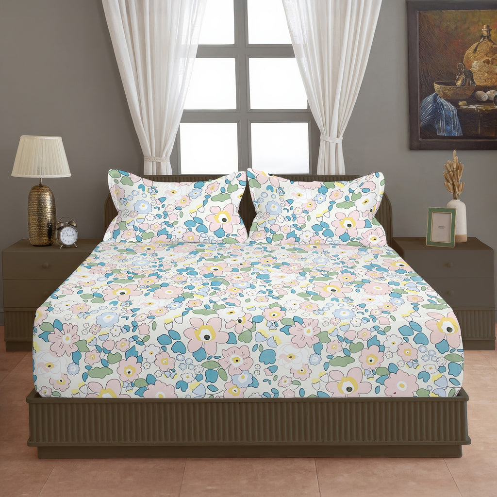 Pastel Pink Botanical Printed Microfiber Double Queen Bedsheet with Pillow cover