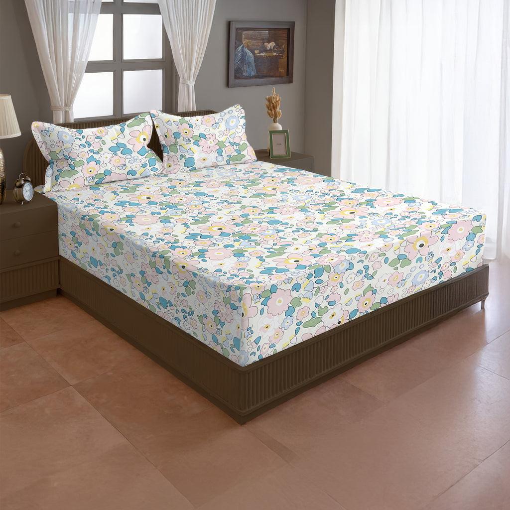 Pastel Pink Botanical Printed Microfiber Double Queen Bedsheet with Pillow cover