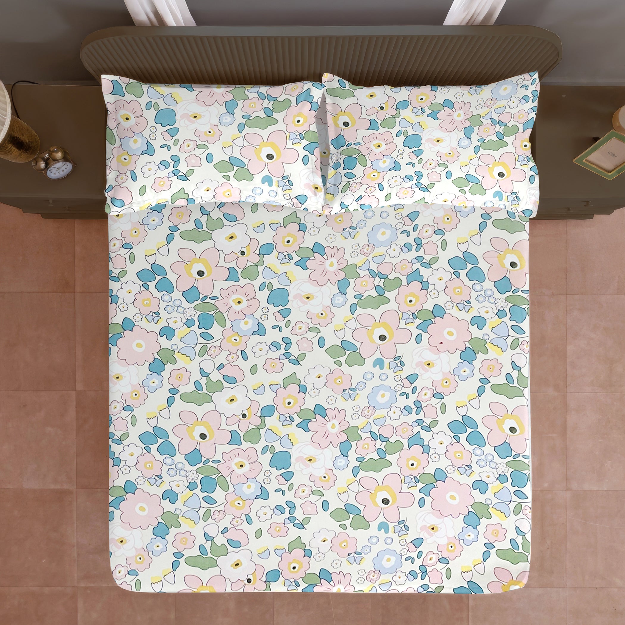 Pastel Pink Botanical Printed Microfiber Double Queen Bedsheet with Pillow cover
