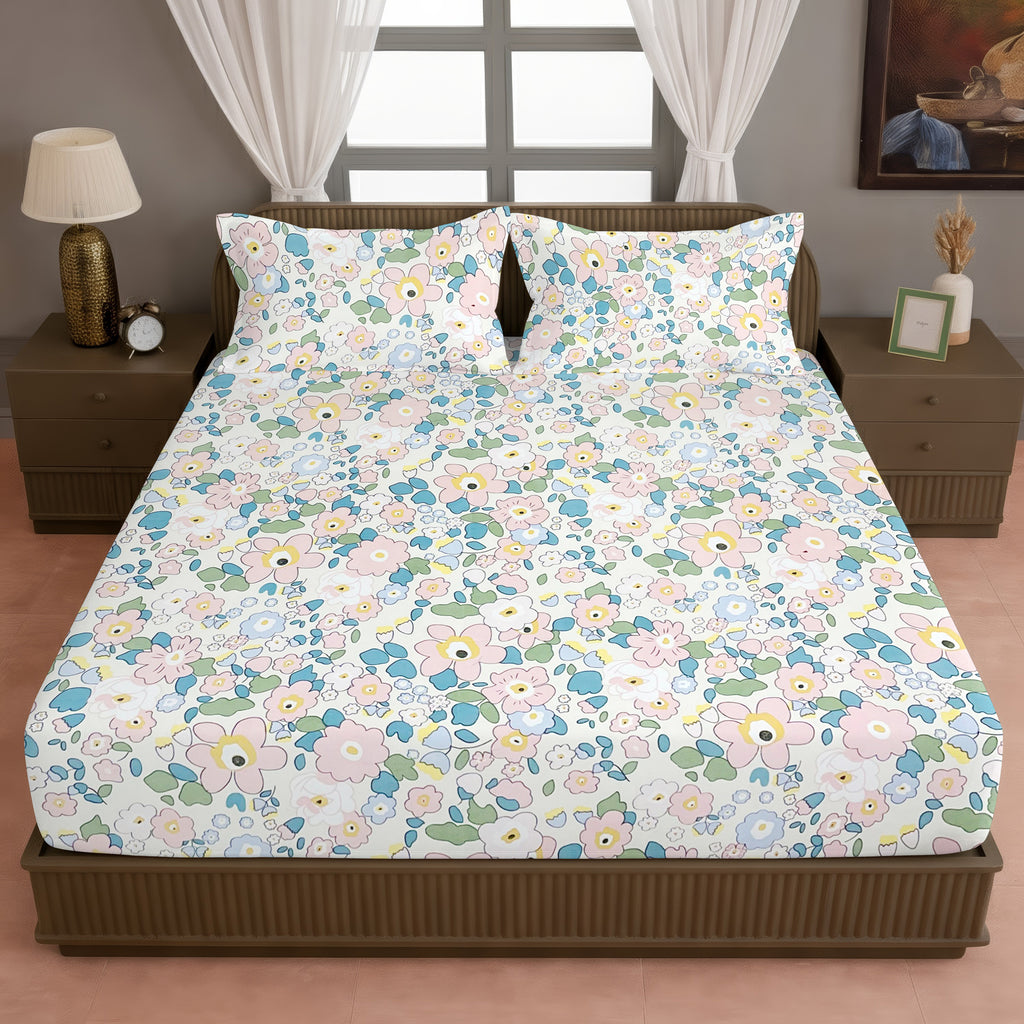 Pastel Pink Botanical Printed Microfiber Double Queen Bedsheet with Pillow cover