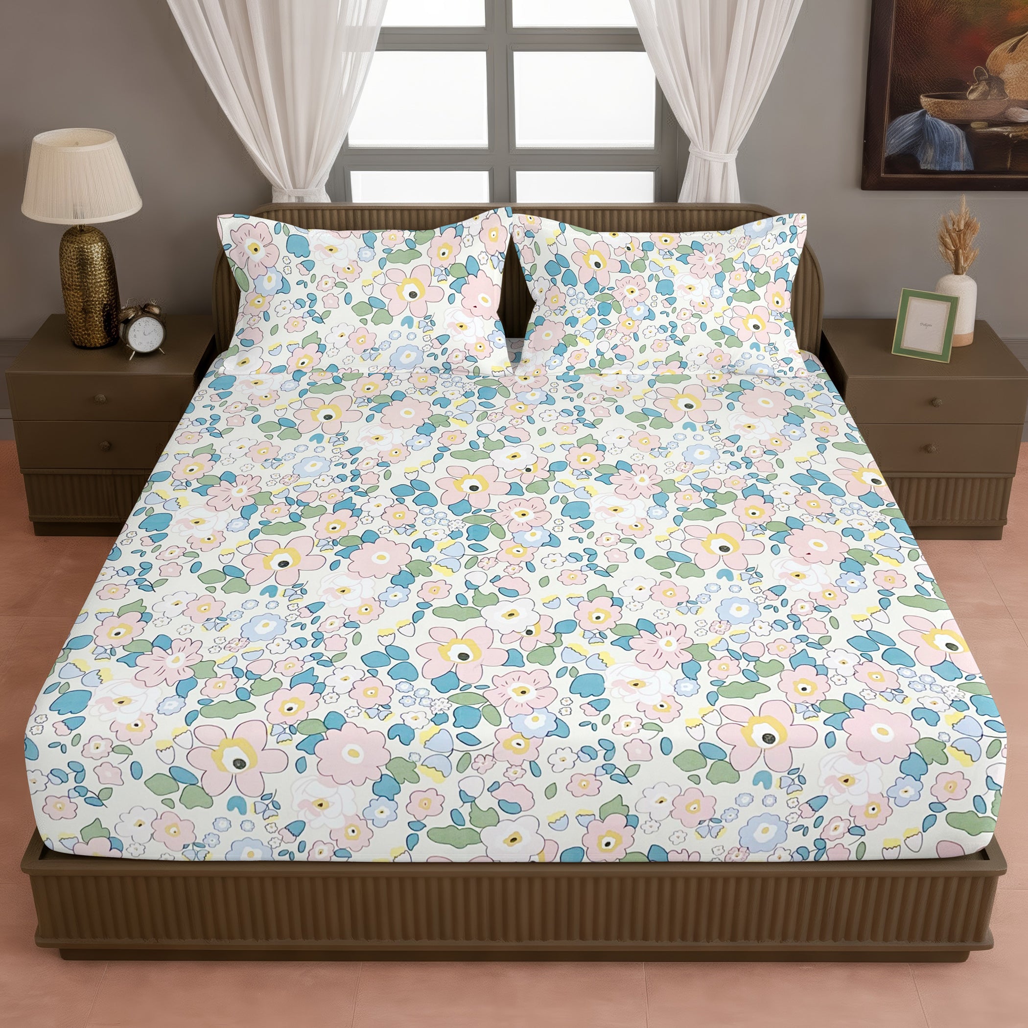 Pastel Pink Botanical Printed Microfiber Double Queen Bedsheet with Pillow cover