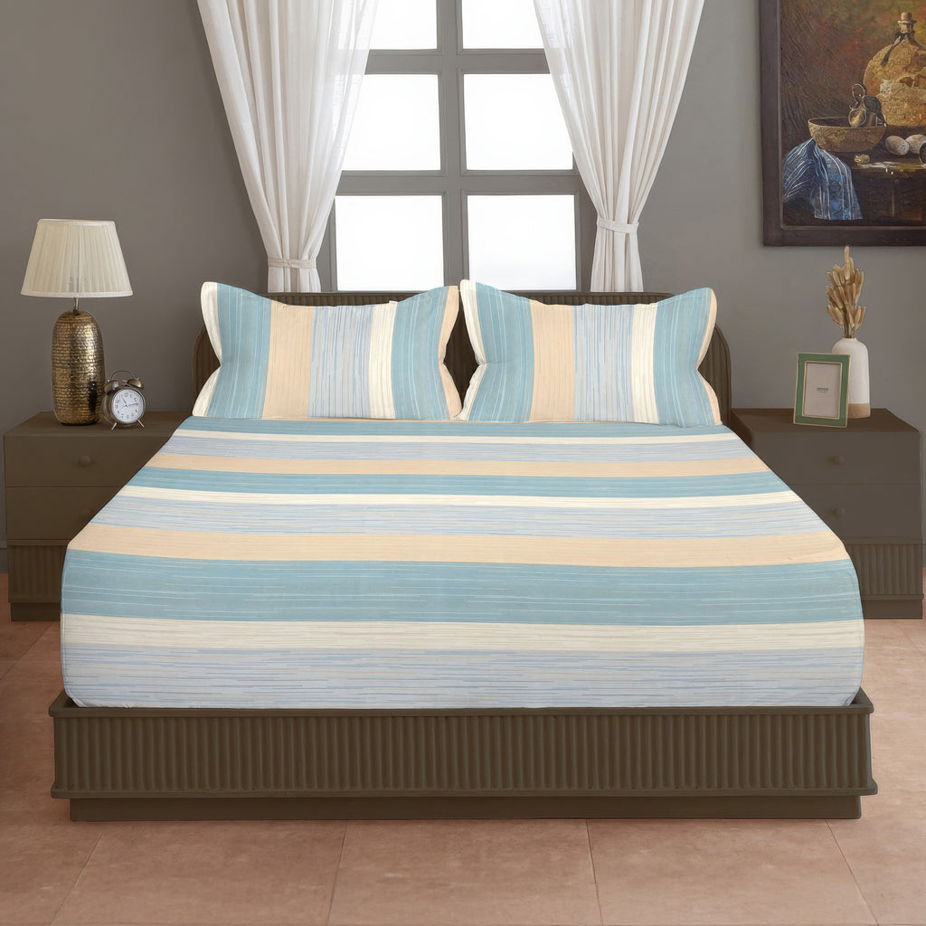 Sky Blue Striped Printed Microfiber Double Queen Bedsheet with Pillow cover
