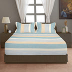 Sky Blue Striped Printed Microfiber Double Queen Bedsheet with Pillow cover