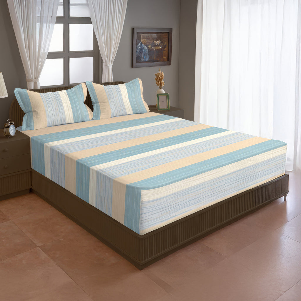 Sky Blue Striped Printed Microfiber Double Queen Bedsheet with Pillow cover