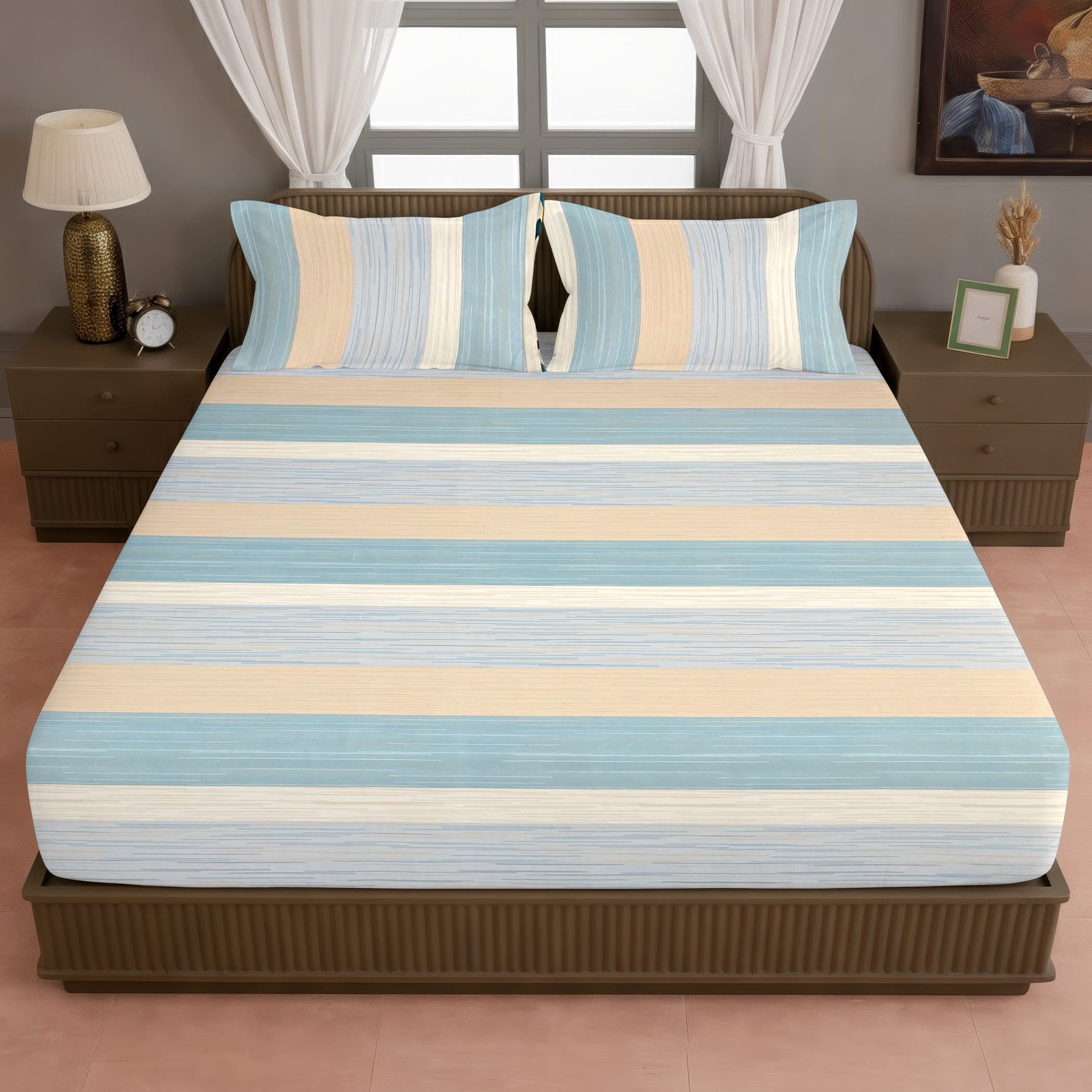Sky Blue Striped Printed Microfiber Double Queen Bedsheet with Pillow cover