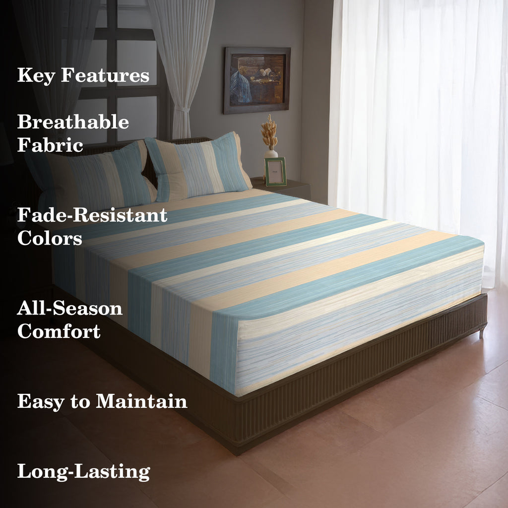 Sky Blue Striped Printed Microfiber Double Queen Bedsheet with Pillow cover