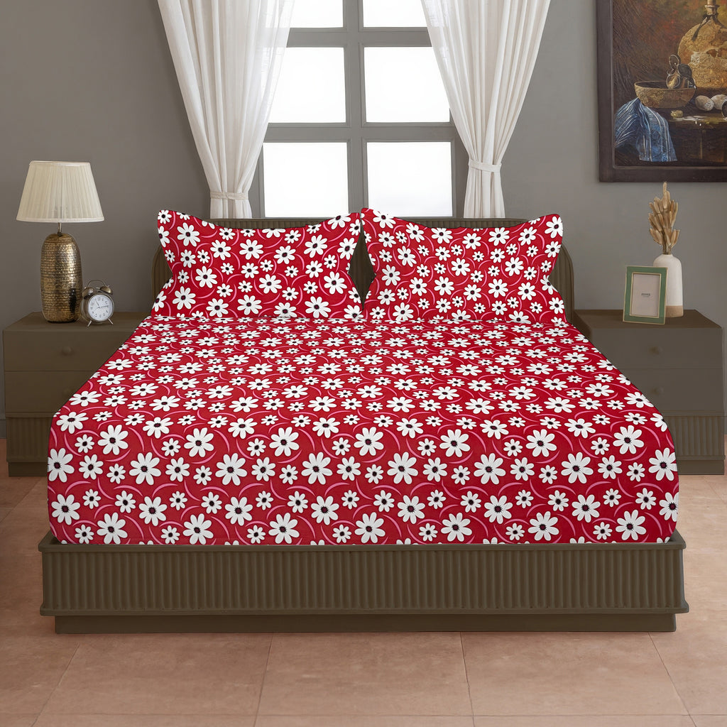 Red Daisy floral Printed Microfiber Double Queen Bedsheet with Pillow cover