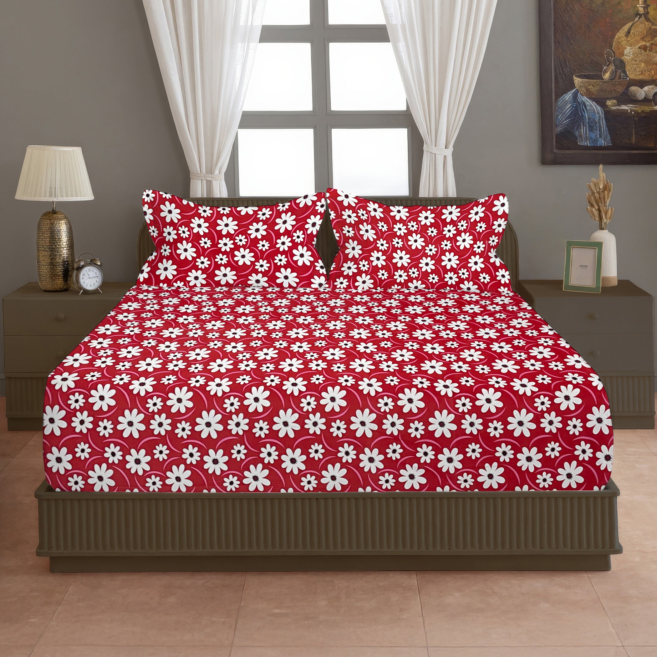 Red Daisy floral Printed Microfiber Double Queen Bedsheet with Pillow cover