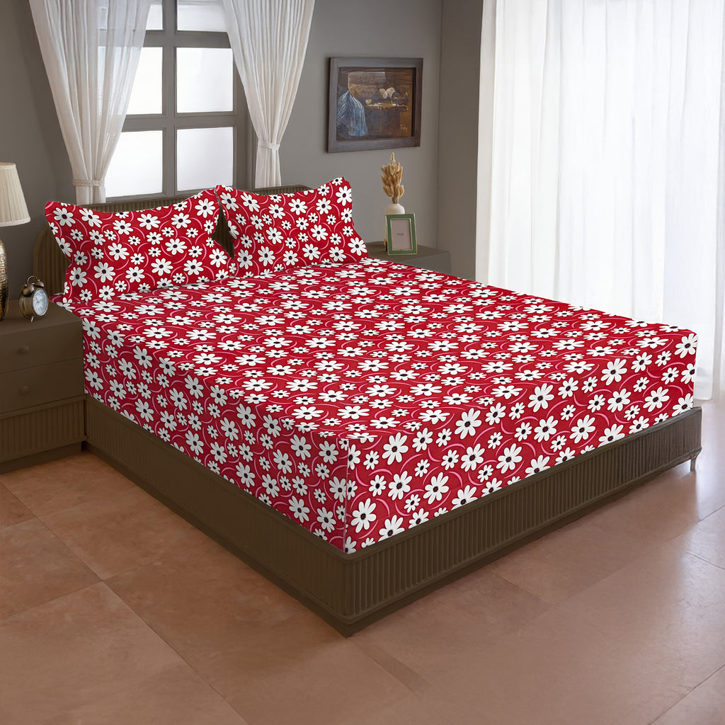 Red Daisy floral Printed Microfiber Double Queen Bedsheet with Pillow cover