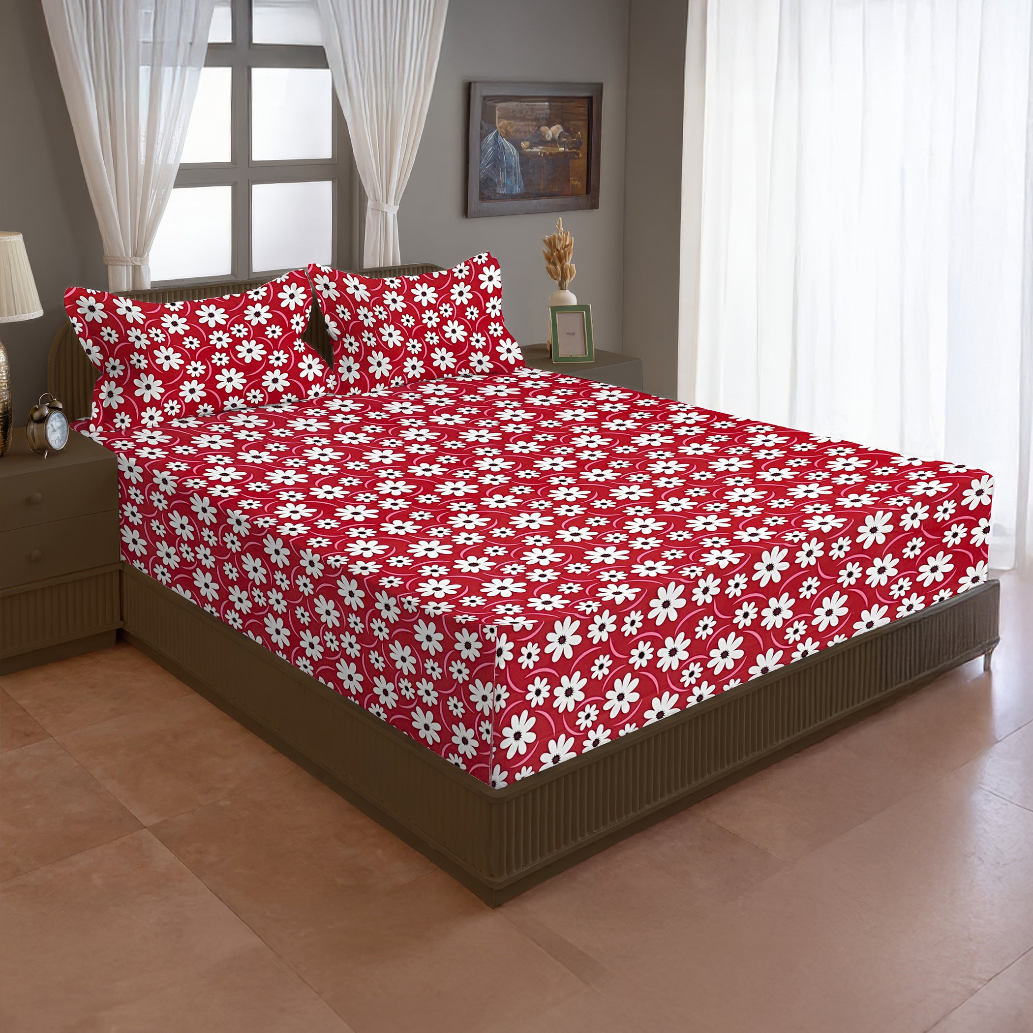Red Daisy floral Printed Microfiber Double Queen Bedsheet with Pillow cover
