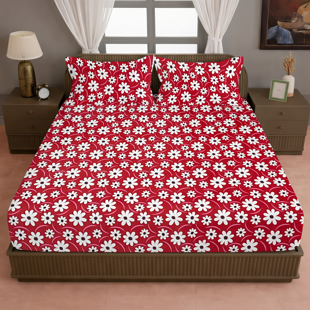 Red Daisy floral Printed Microfiber Double Queen Bedsheet with Pillow cover