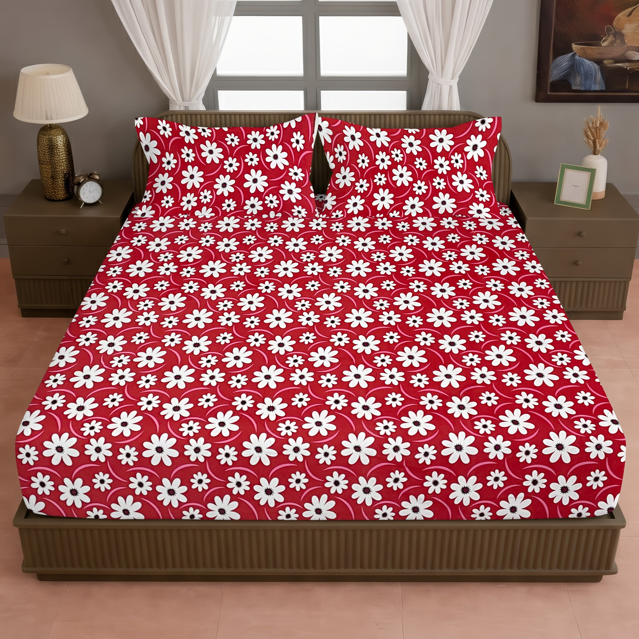 Red Daisy floral Printed Microfiber Double Queen Bedsheet with Pillow cover