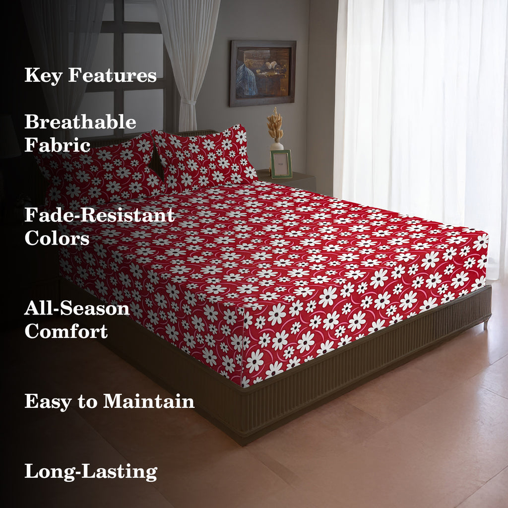 Red Daisy floral Printed Microfiber Double Queen Bedsheet with Pillow cover