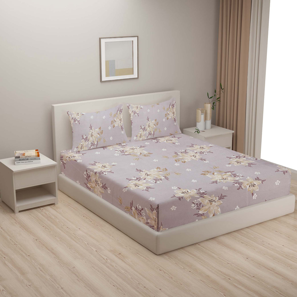 Lilac Ivory Blossom Bouquet 144 TC Pure Cotton Bedsheet Set with Pillow Cover