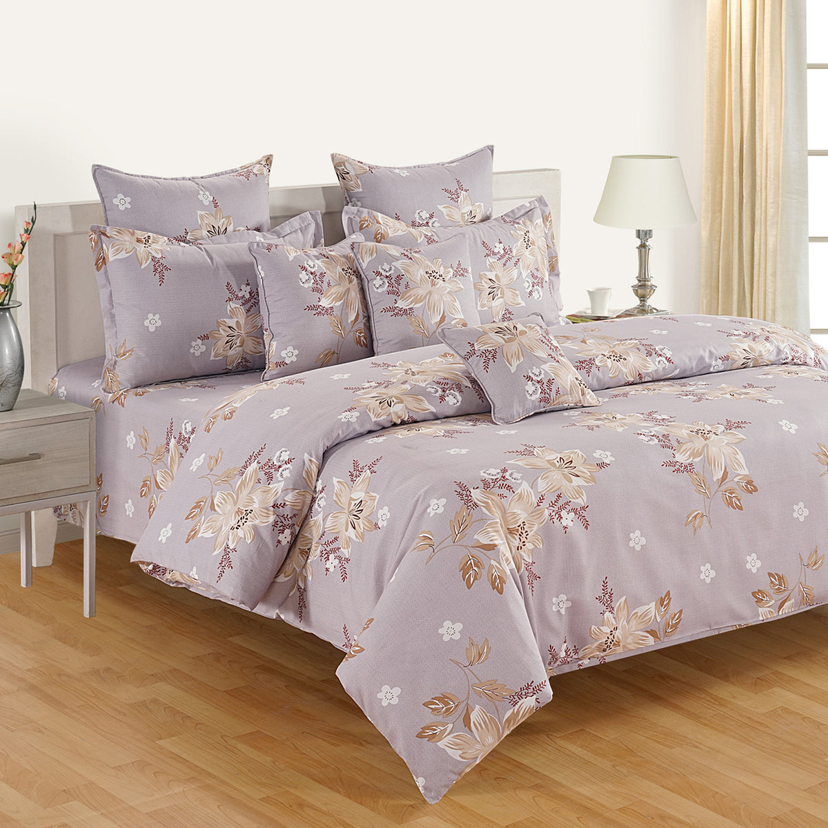 Lilac Ivory Blossom Bouquet 144 TC Pure Cotton Bedsheet Set with Pillow Cover