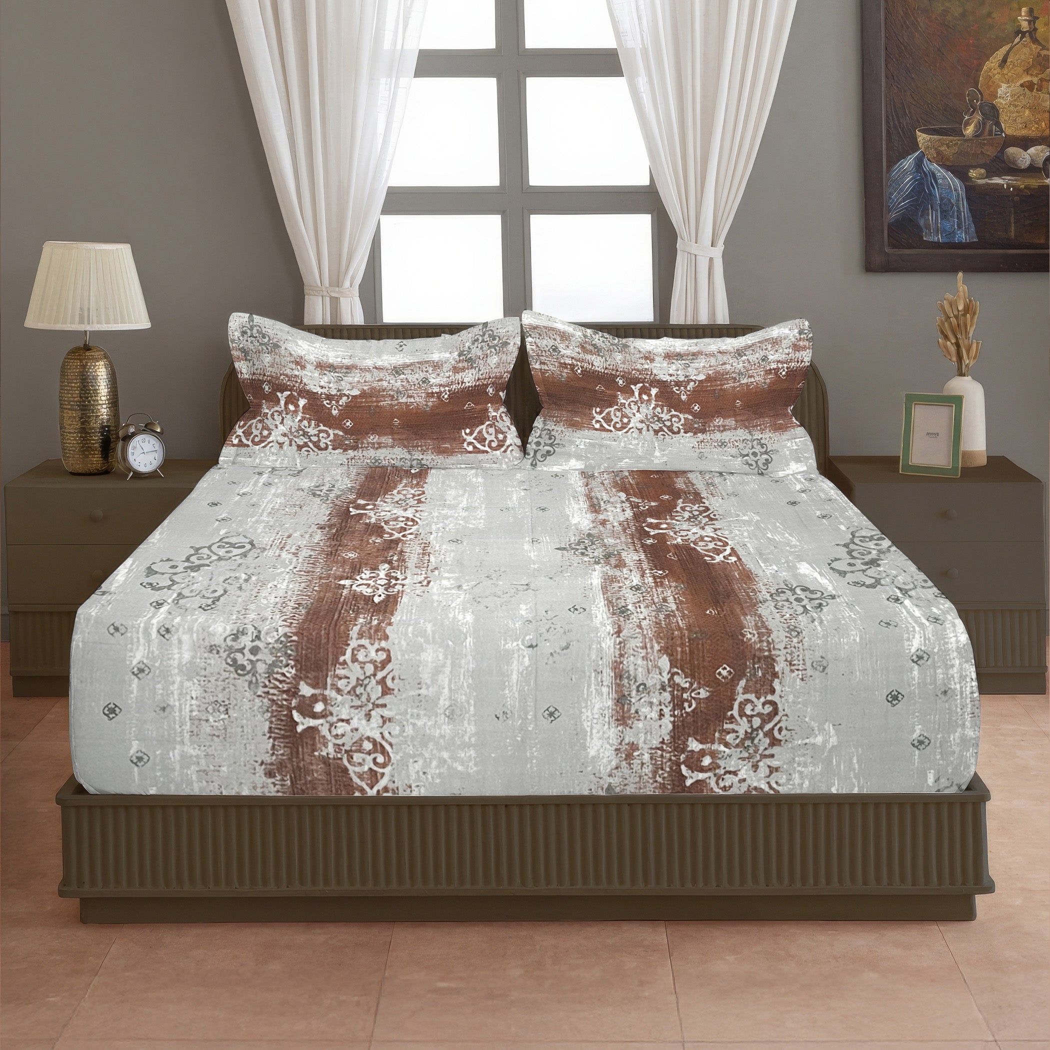 Golden Damask Yellow & Grey Abstract 160 TC Pure Cotton Bedsheet with Pillow Cover