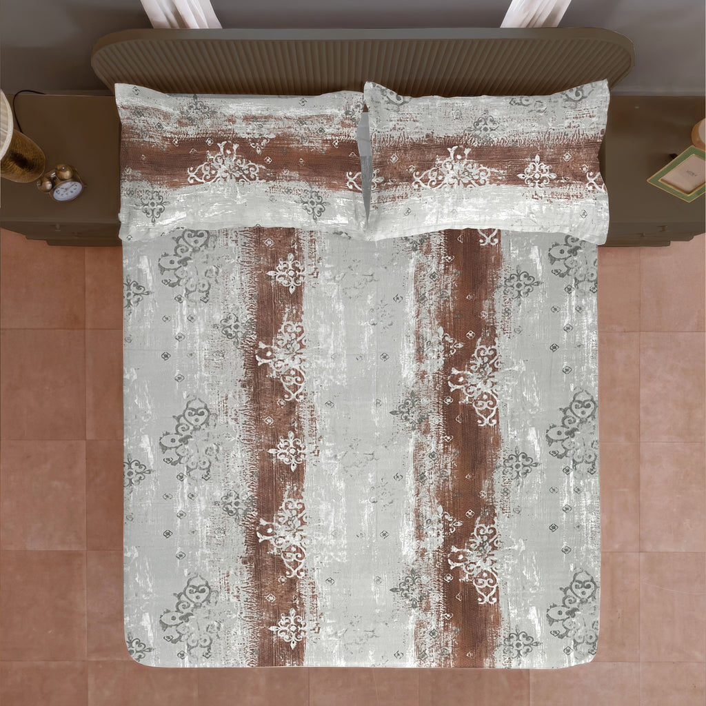 Golden Damask Yellow & Grey Abstract 160 TC Pure Cotton Bedsheet with Pillow Cover