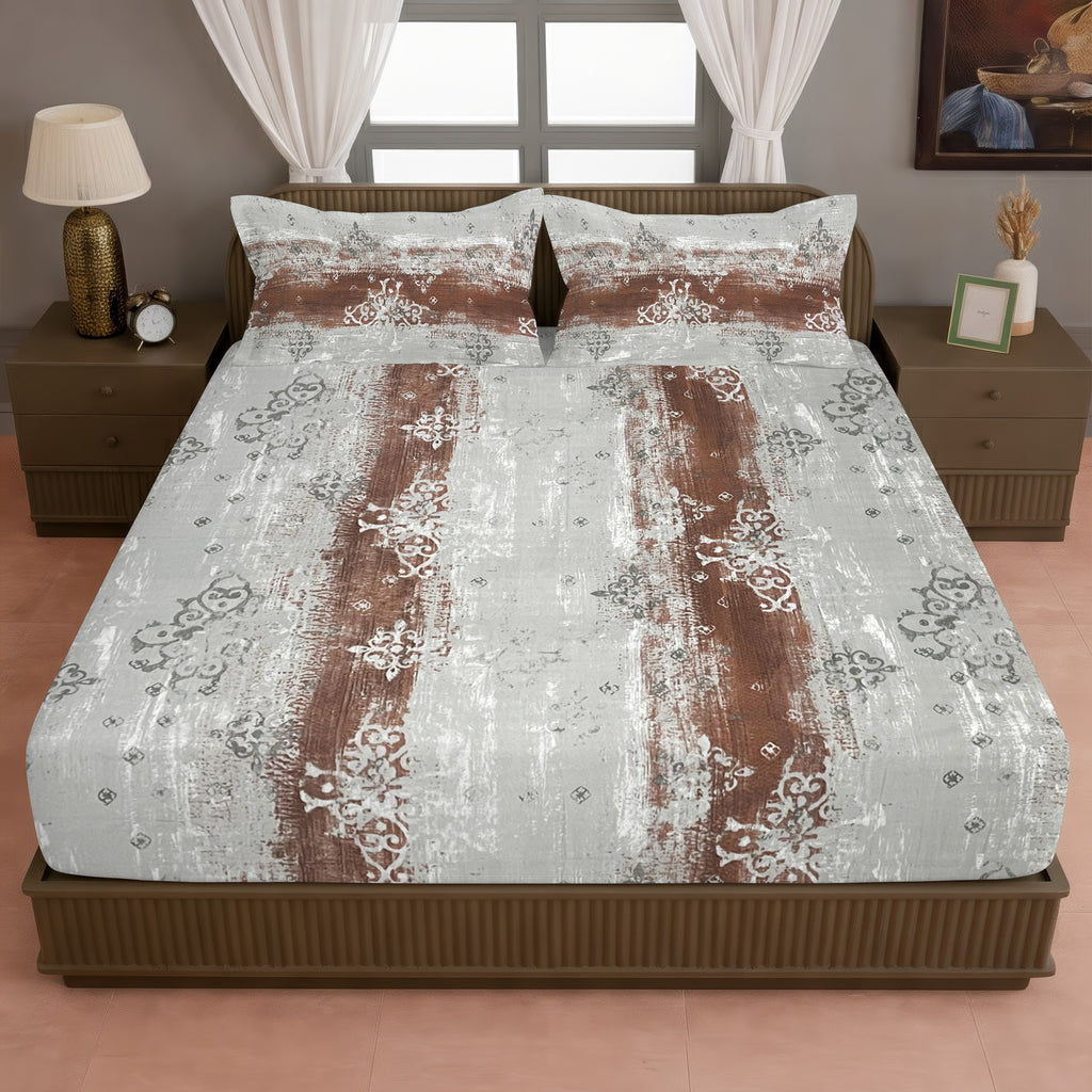 Golden Damask Yellow & Grey Abstract 160 TC Pure Cotton Bedsheet with Pillow Cover