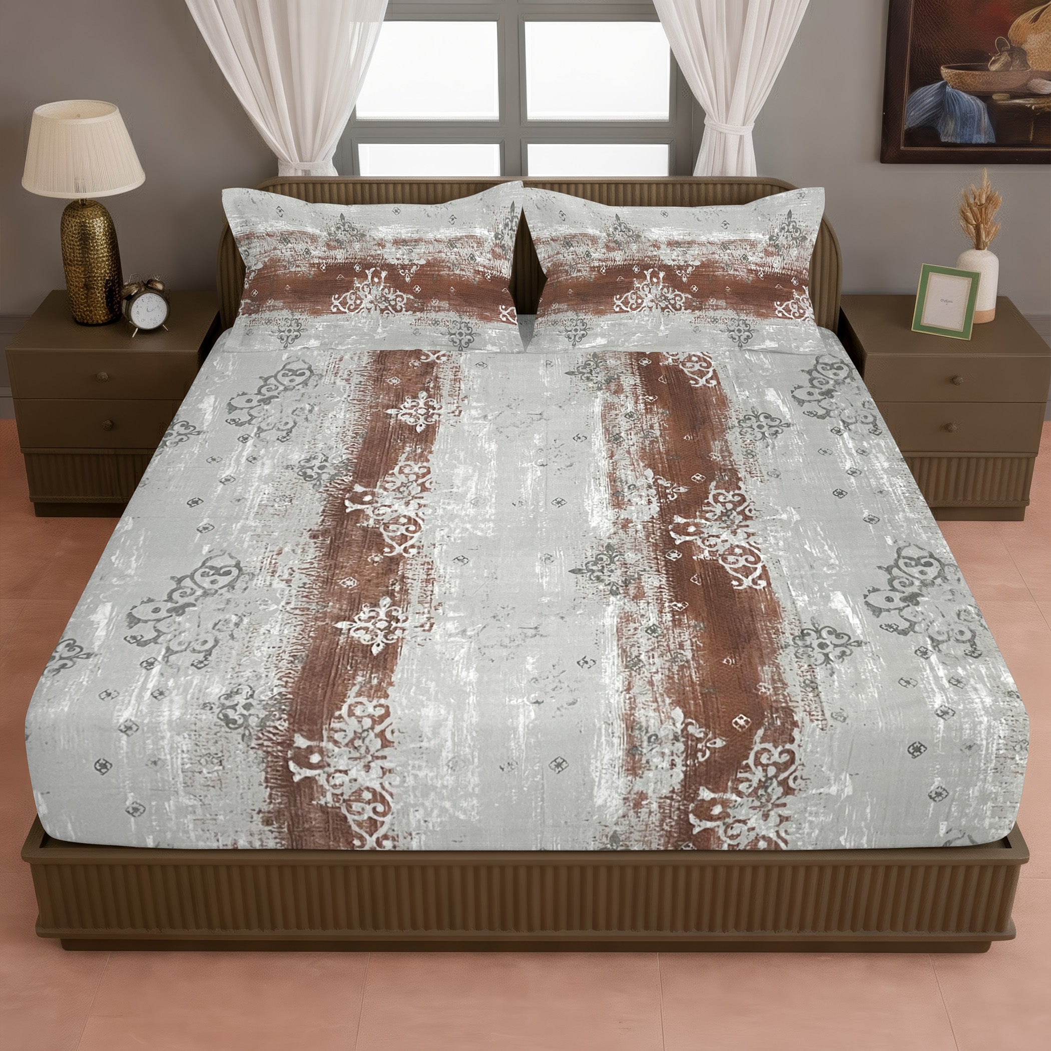 Golden Damask Yellow & Grey Abstract 160 TC Pure Cotton Bedsheet with Pillow Cover
