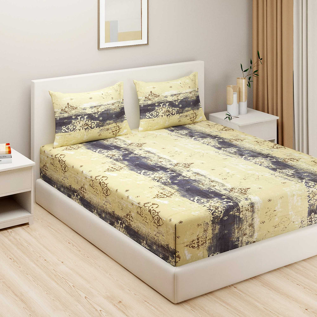 Golden Damask Yellow & Grey Abstract 160 TC Pure Cotton Bedsheet with Pillow Cover
