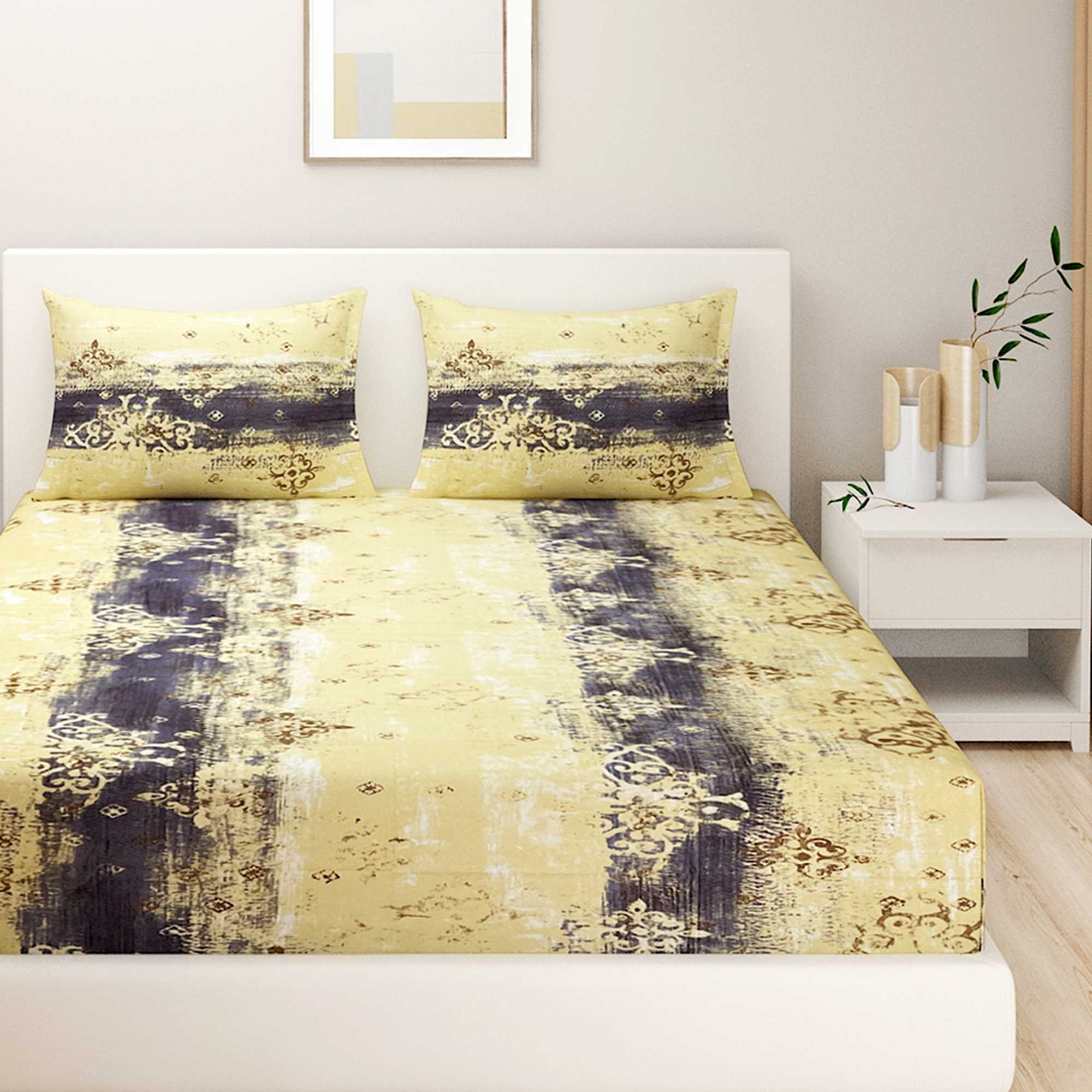 Golden Damask Yellow & Grey Abstract 160 TC Pure Cotton Bedsheet with Pillow Cover