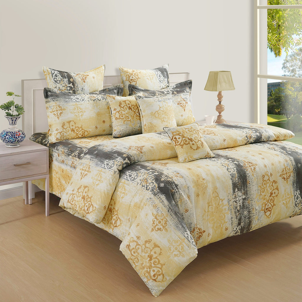 Golden Damask Yellow & Grey Abstract 160 TC Pure Cotton Bedsheet with Pillow Cover