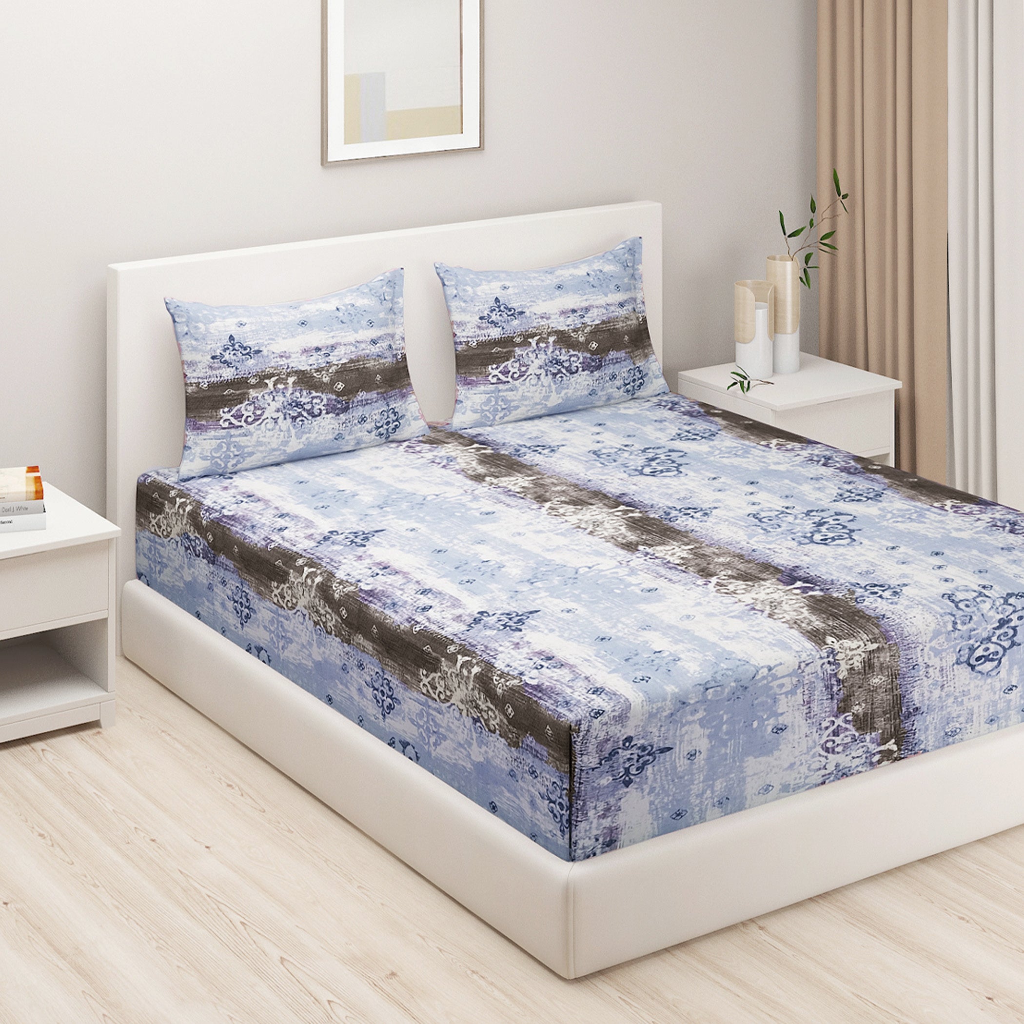 Mist Damask Blue & Grey Abstract 160 TC Pure Cotton Bedsheet with Pillow Cover