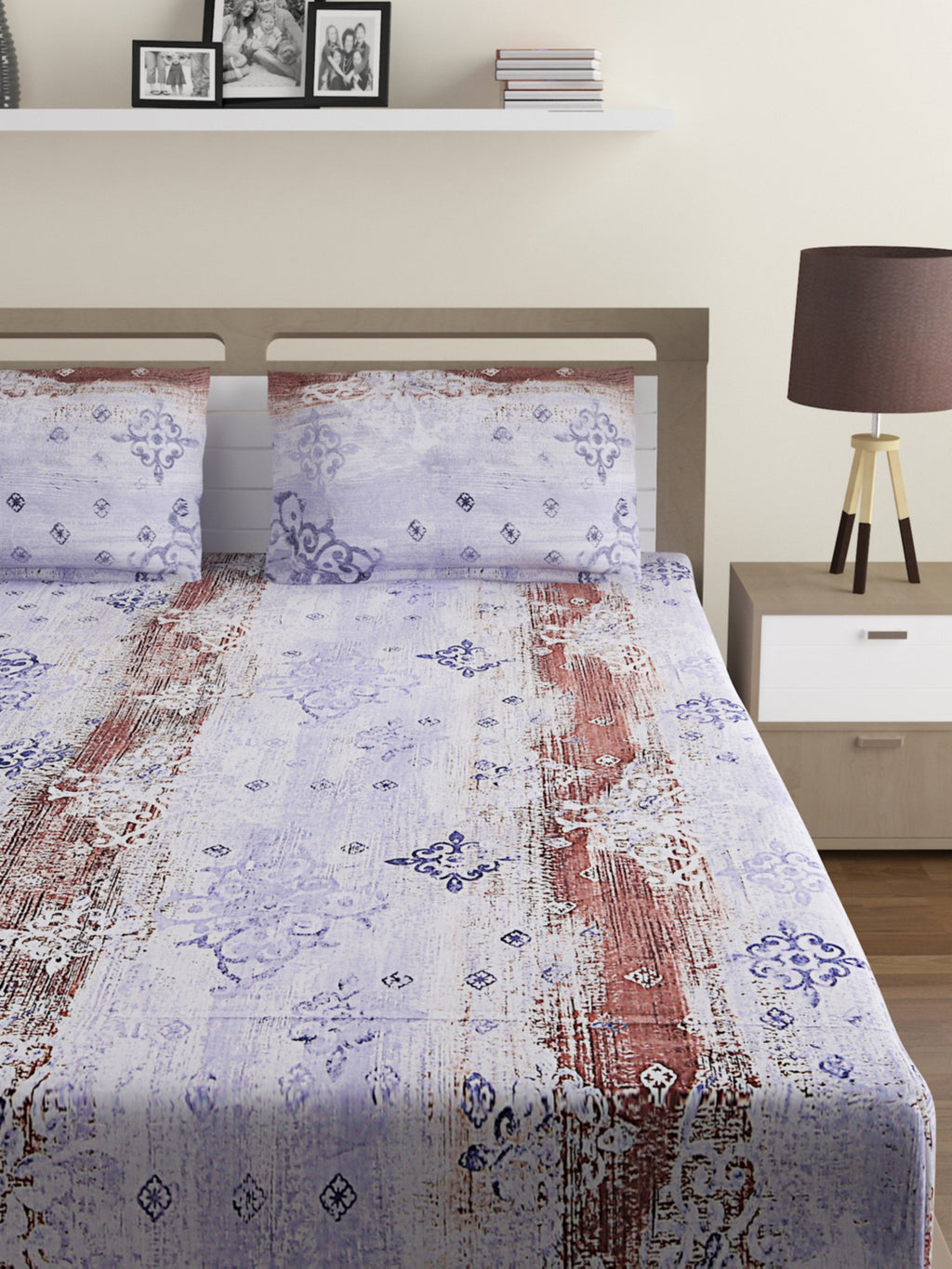 Mist Damask Blue & Grey Abstract 160 TC Pure Cotton Bedsheet with Pillow Cover