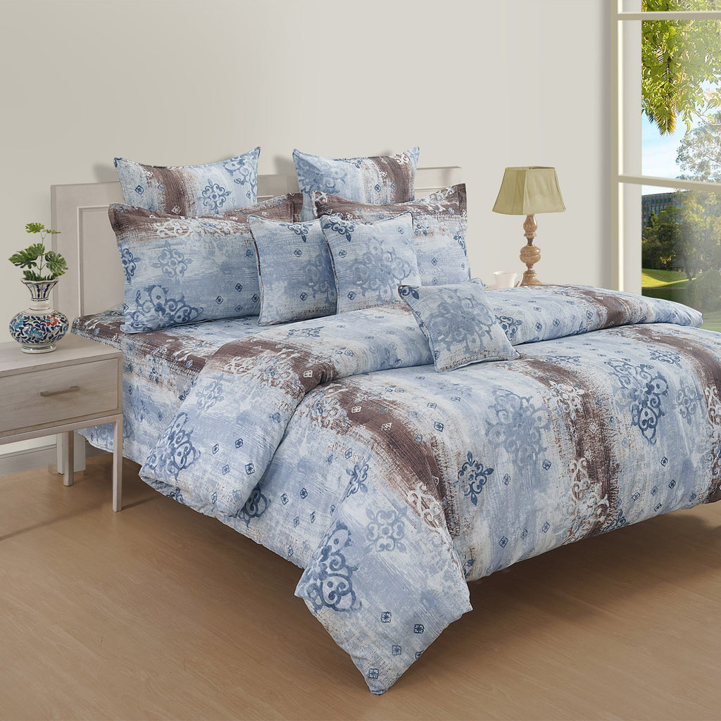 Mist Damask Blue & Grey Abstract 160 TC Pure Cotton Bedsheet with Pillow Cover