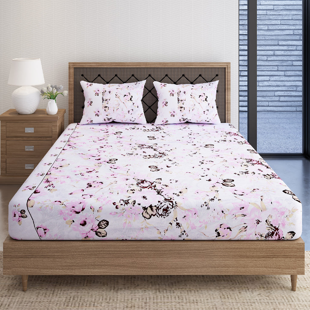 Blush Rose White & Pink Floral 160 TC Pure Cotton Bedsheet with Pillow Cover