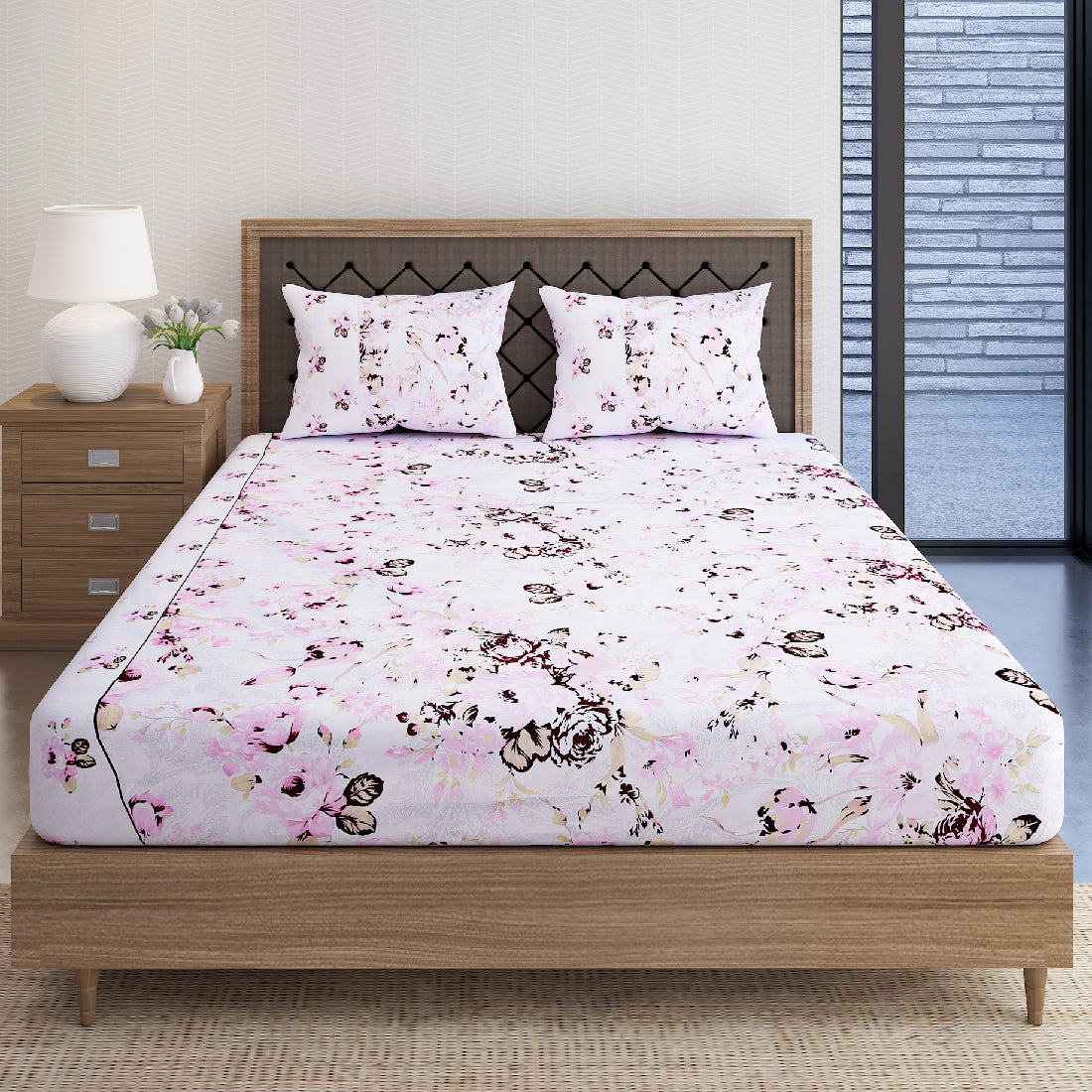 Blush Rose White & Pink Floral 160 TC Pure Cotton Bedsheet with Pillow Cover