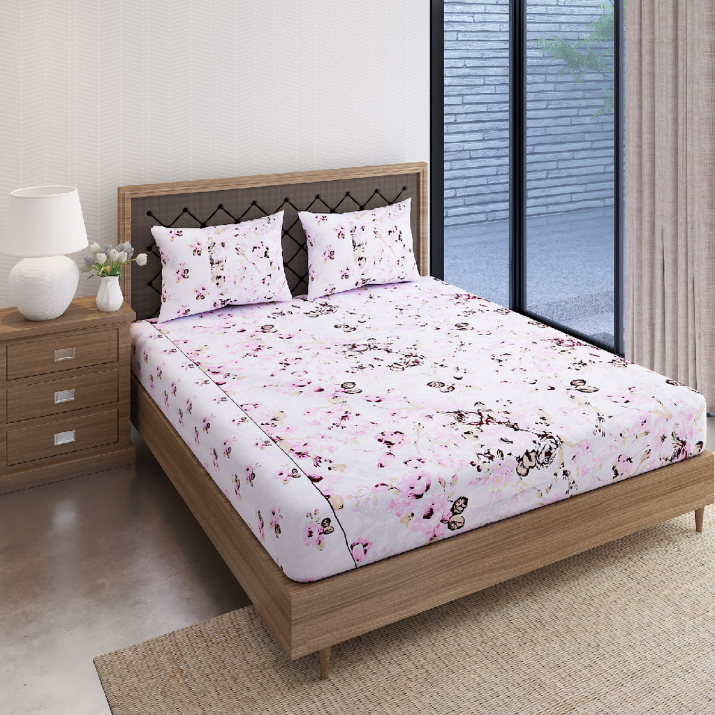 Blush Rose White & Pink Floral 160 TC Pure Cotton Bedsheet with Pillow Cover