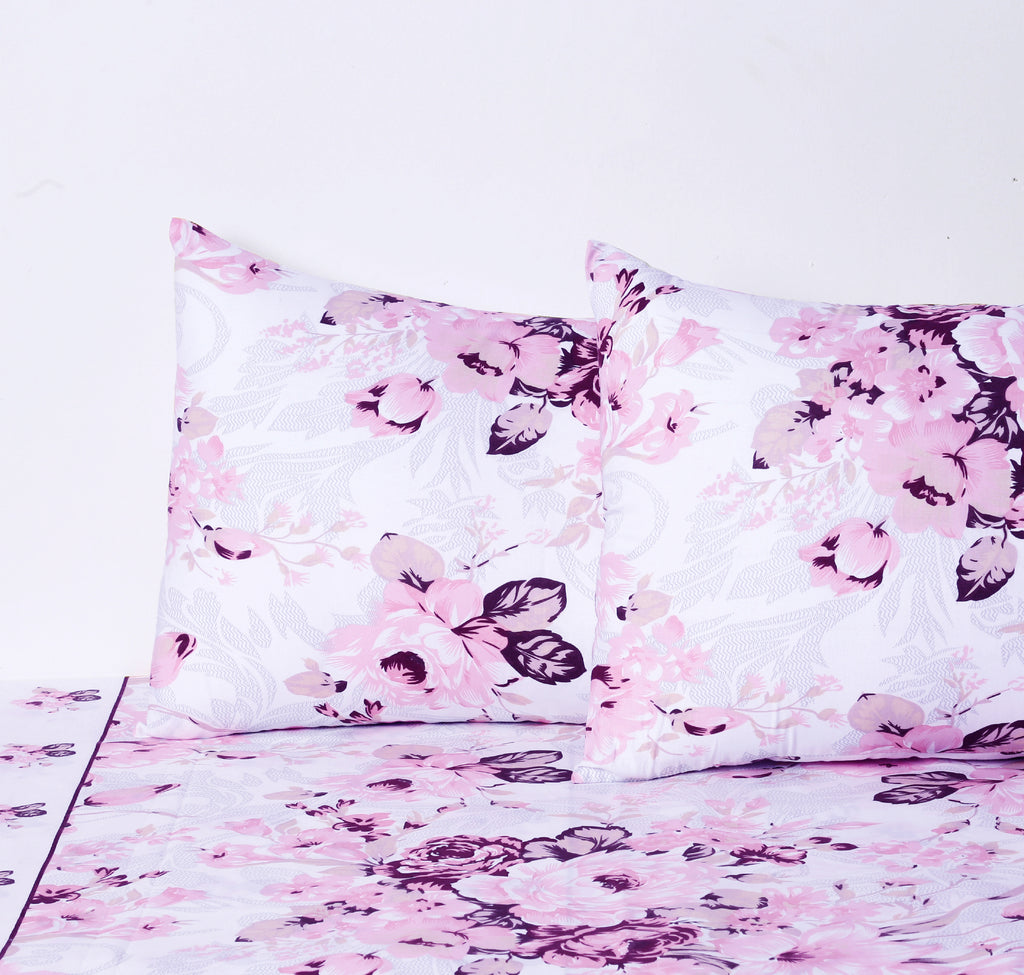 Blush Rose White & Pink Floral 160 TC Pure Cotton Bedsheet with Pillow Cover