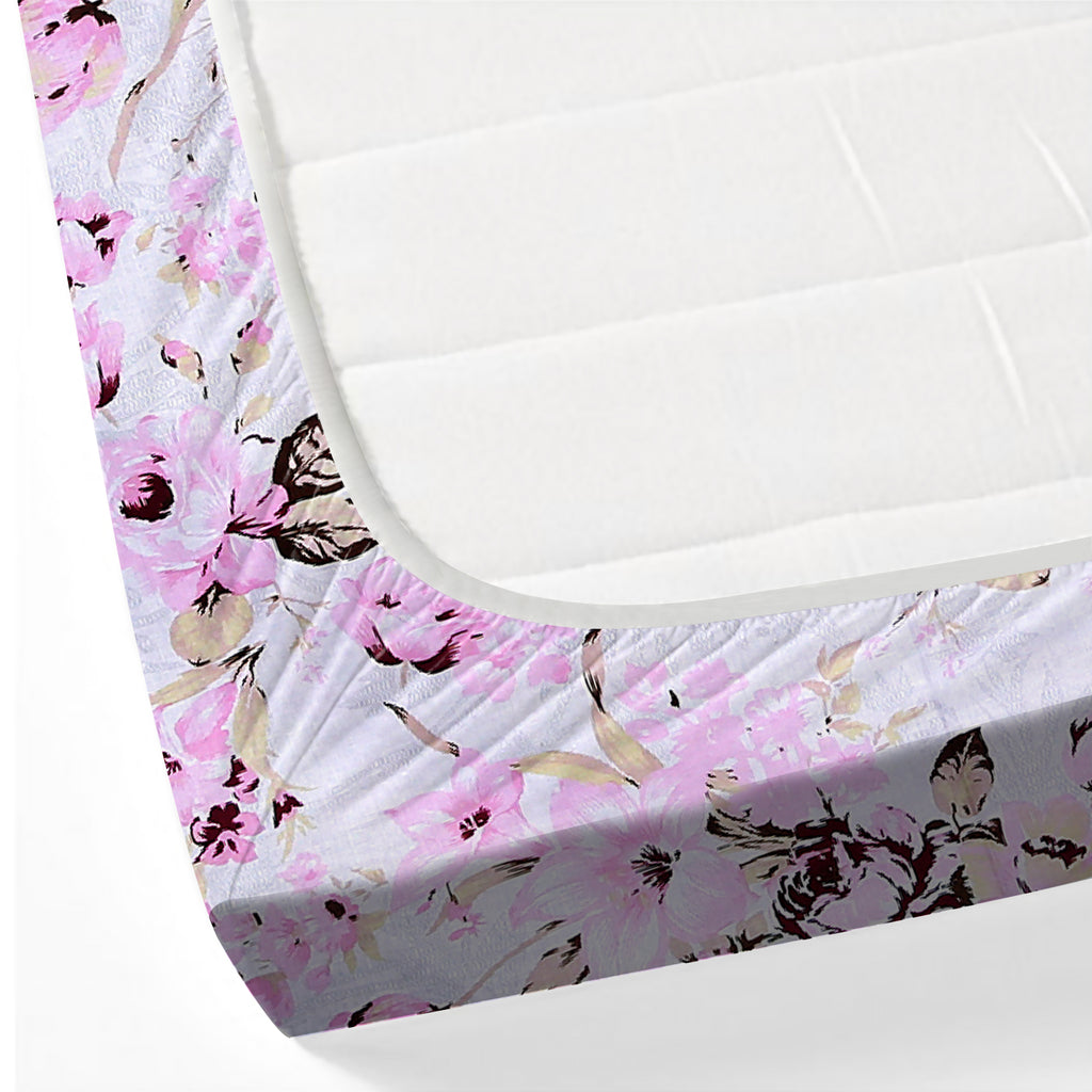 Blush Rose White & Pink Floral 160 TC Pure Cotton Bedsheet with Pillow Cover