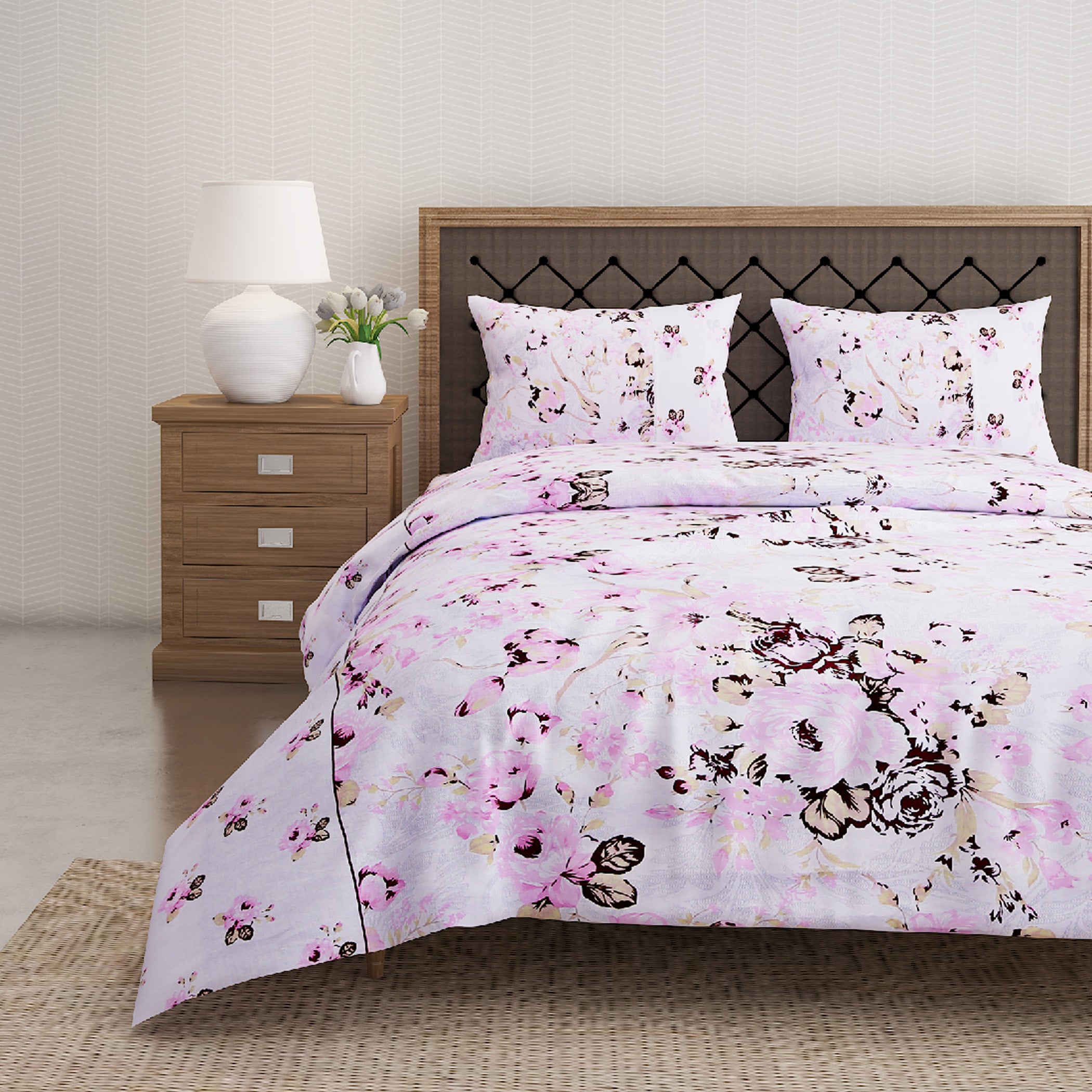 Blush Rose White & Pink Floral 160 TC Pure Cotton Bedsheet with Pillow Cover