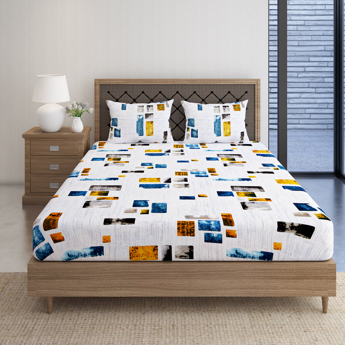 Urban Colour Blocks 144 TC Pure Cotton Bedsheet Set with Pillow Cover