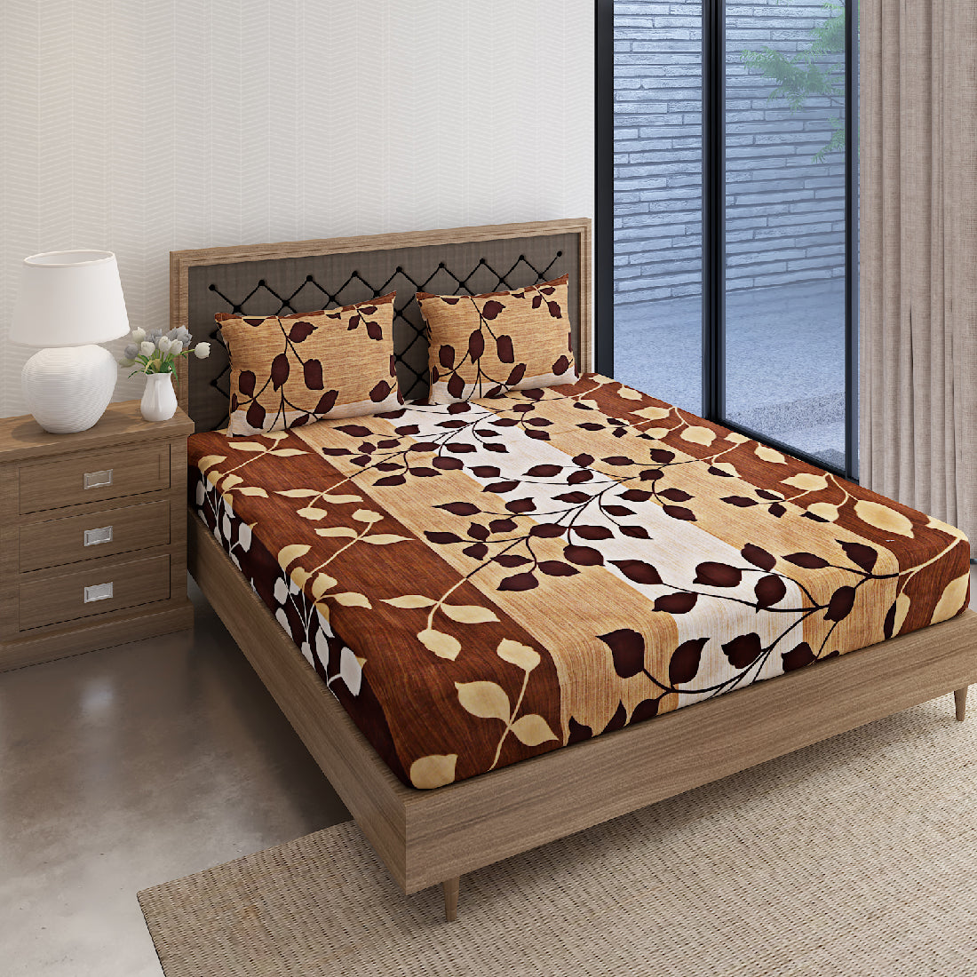 Autumn Leaf Trails 144 TC Pure Cotton Bedsheet Set with Pillow Cover