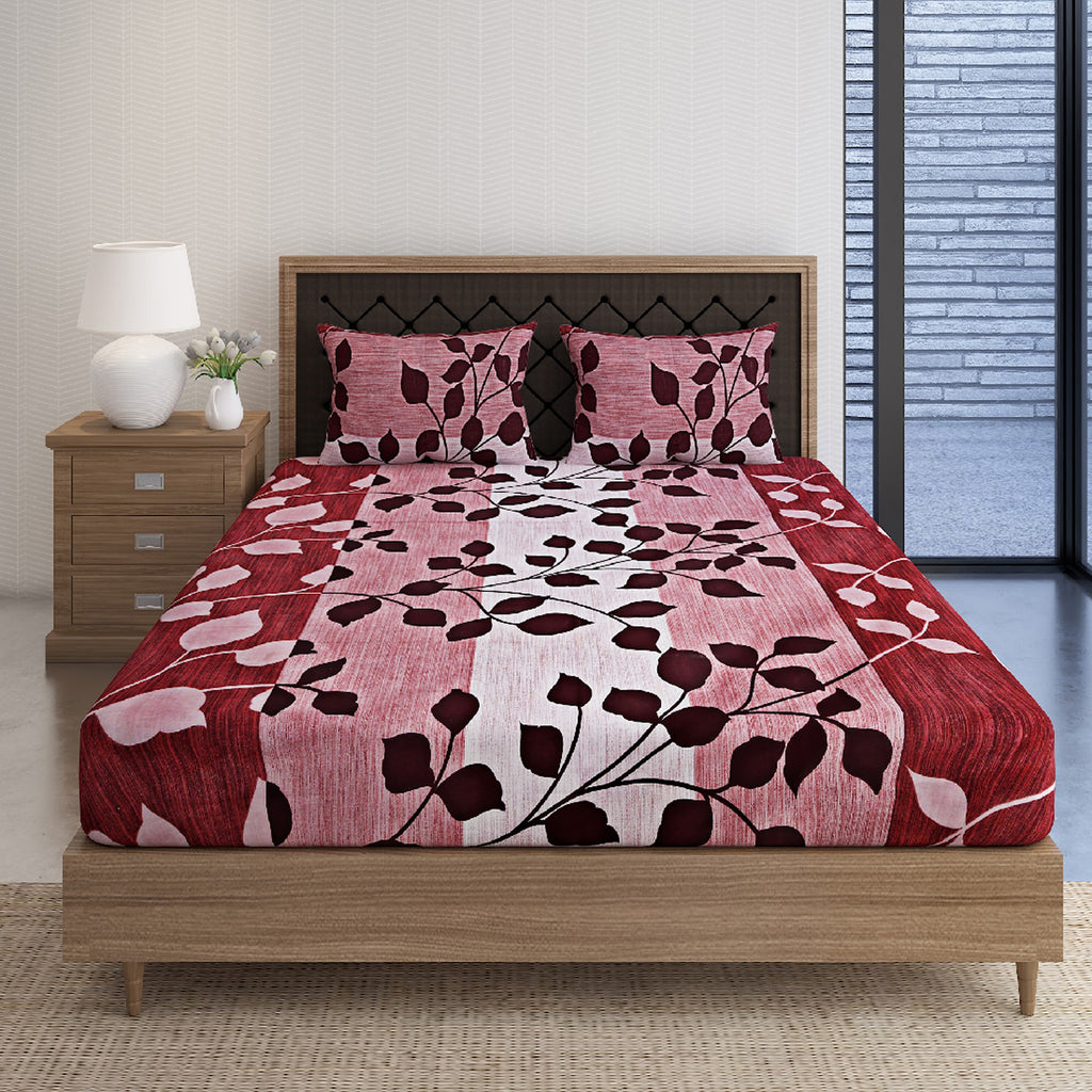 Crimson Leaf Red & Maroon Botanical 160 TC Pure Cotton Bedsheet with Pillow Cover