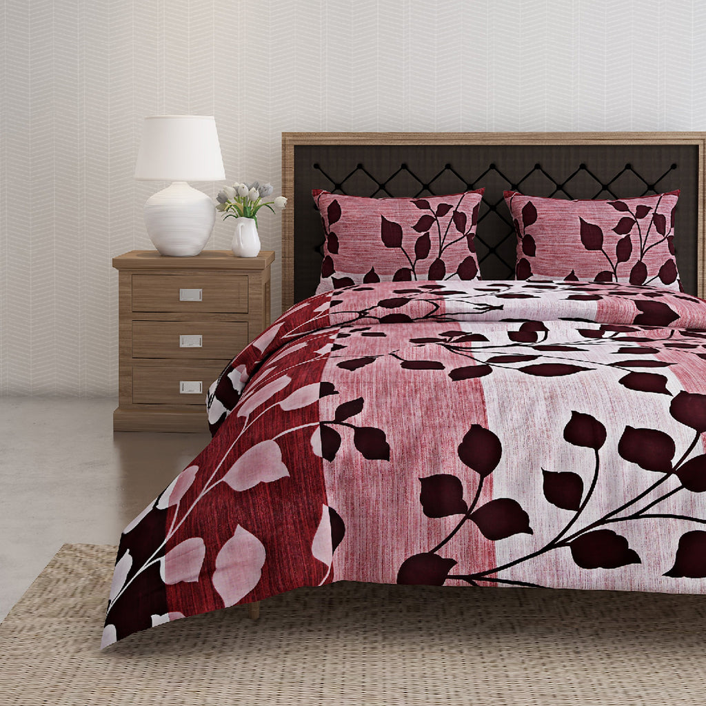 Crimson Leaf Red & Maroon Botanical 160 TC Pure Cotton Bedsheet with Pillow Cover