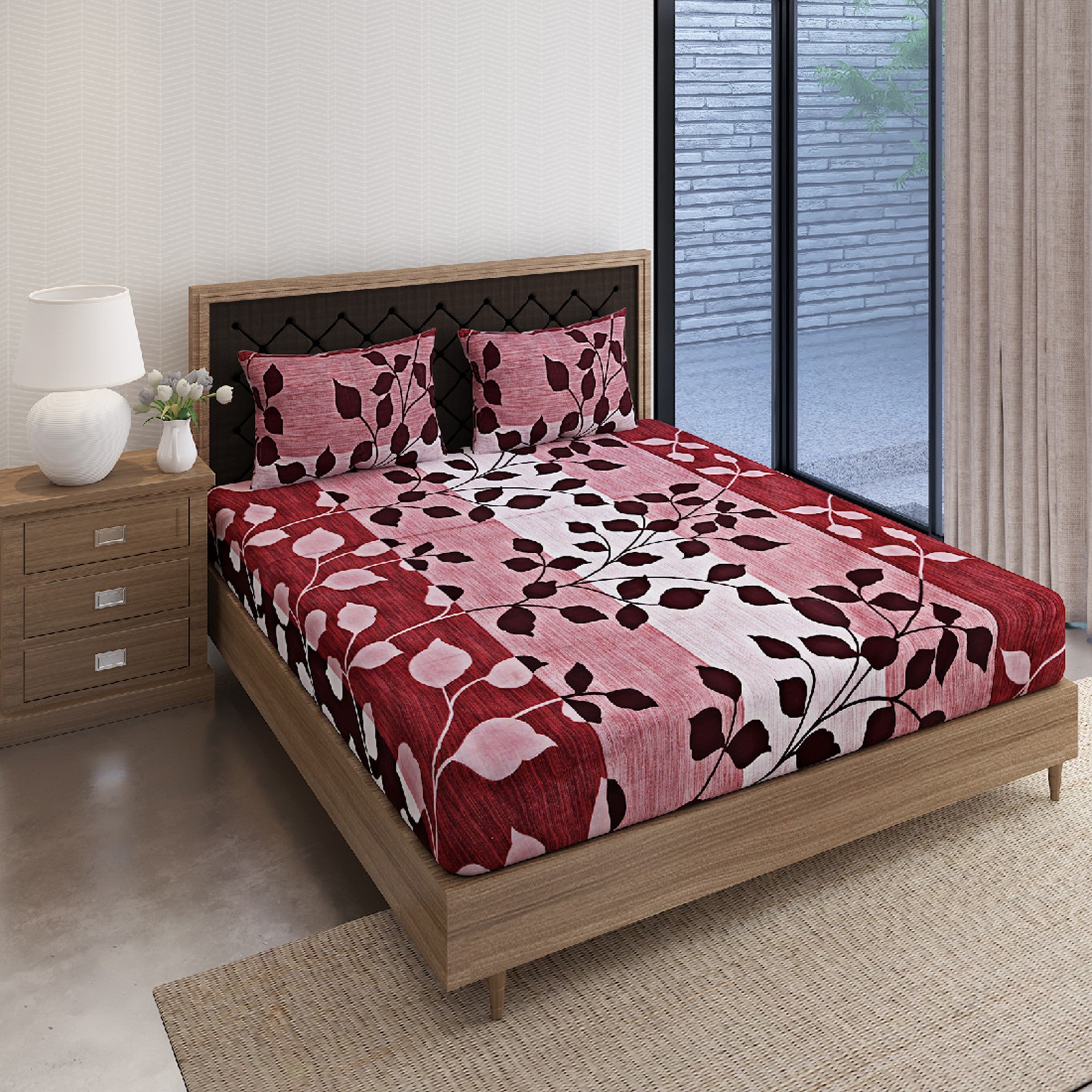 Crimson Leaf Red & Maroon Botanical 160 TC Pure Cotton Bedsheet with Pillow Cover