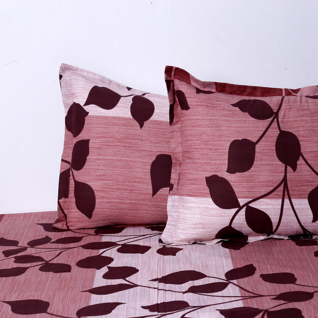 Crimson Leaf Red & Maroon Botanical 160 TC Pure Cotton Bedsheet with Pillow Cover