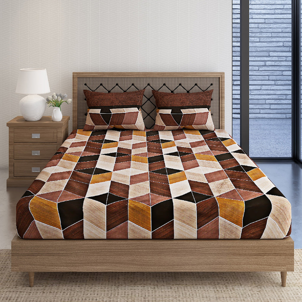 Urban Cube Brown & Beige Geometric 160 TC Pure Cotton Fitted Bedsheet with Pillow Cover