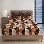 Urban Cube Brown & Beige Geometric 160 TC Pure Cotton Fitted Bedsheet with Pillow Cover