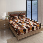 Urban Cube Brown & Beige Geometric 160 TC Pure Cotton Fitted Bedsheet with Pillow Cover