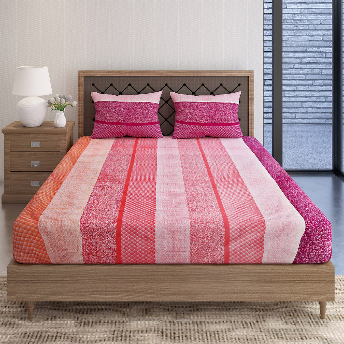Pink Coral Textured Stripes 144 TC Pure Cotton Bedsheet Set with Pillow Cover