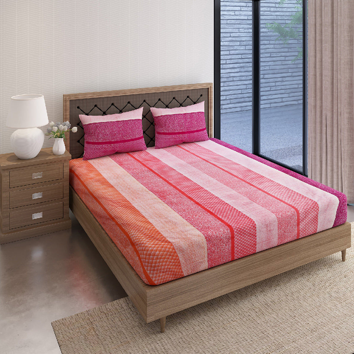 Pink Coral Textured Stripes 144 TC Pure Cotton Bedsheet Set with Pillow Cover