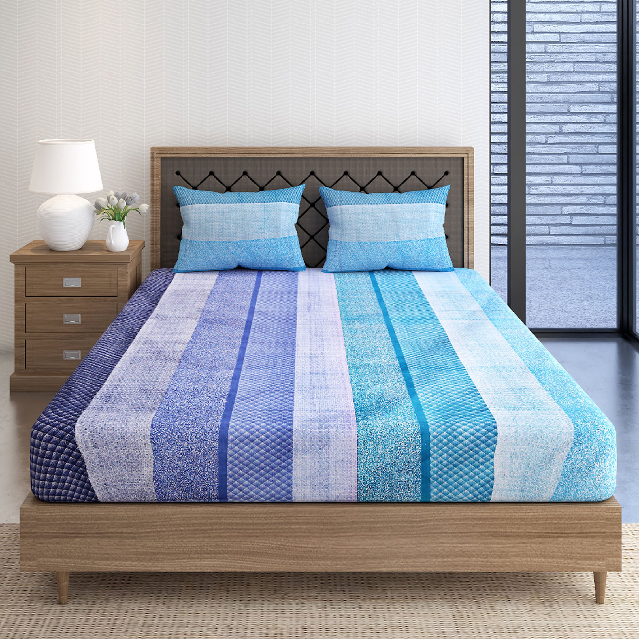 Ocean Stripes Blue & White 160 TC Pure Cotton Bedsheet with Pillow Cover