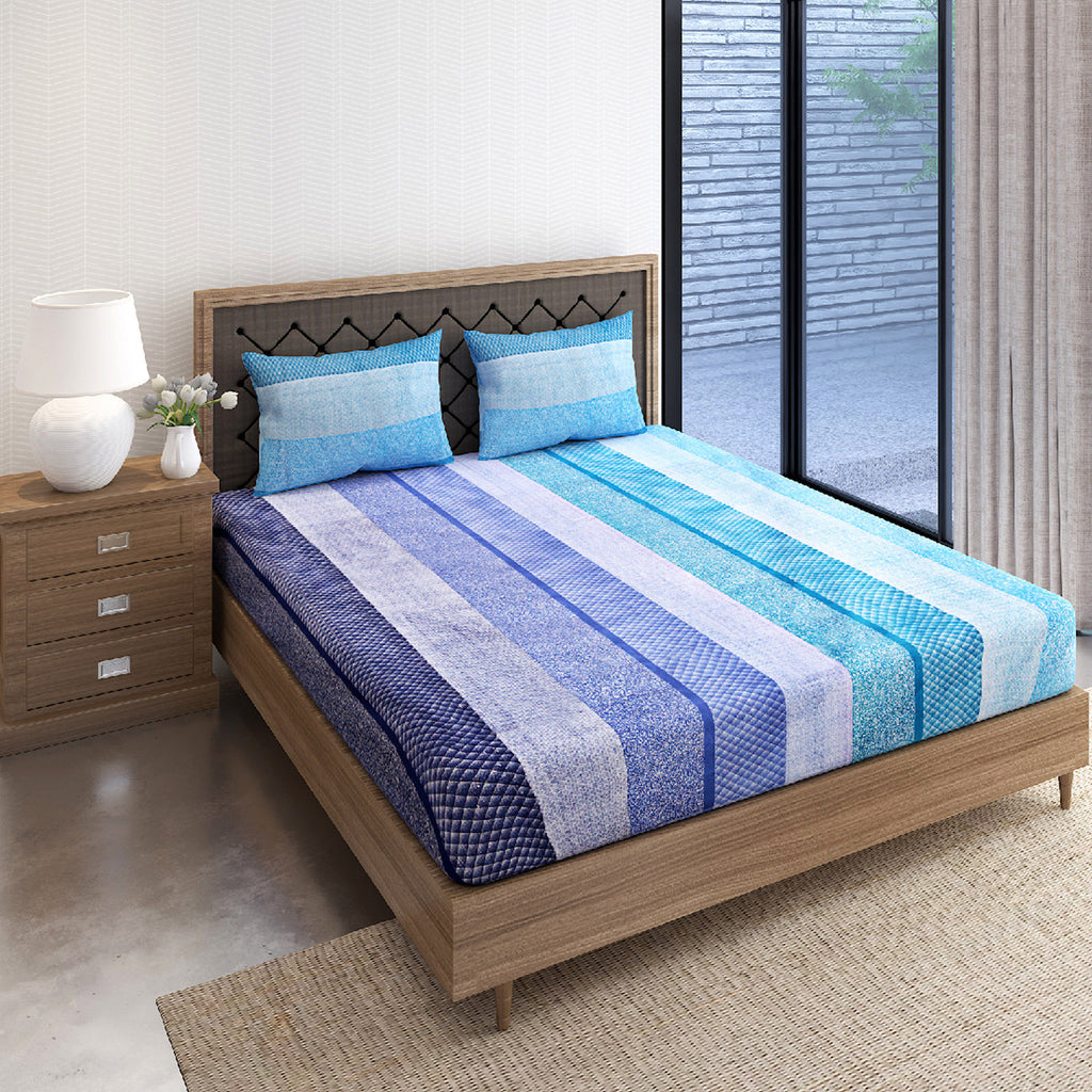 Ocean Stripes Blue & White 160 TC Pure Cotton Bedsheet with Pillow Cover