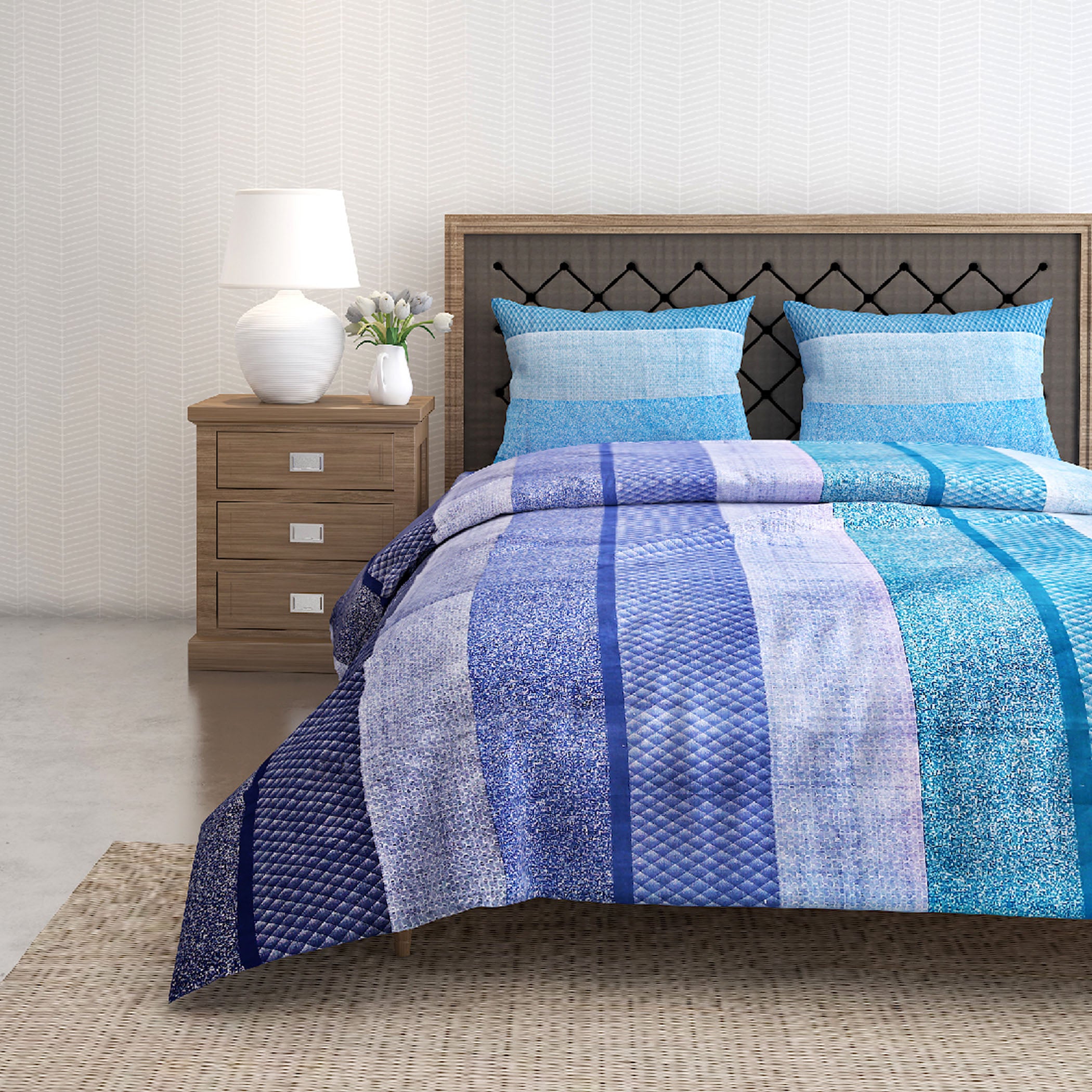 Ocean Stripes Blue & White 160 TC Pure Cotton Bedsheet with Pillow Cover