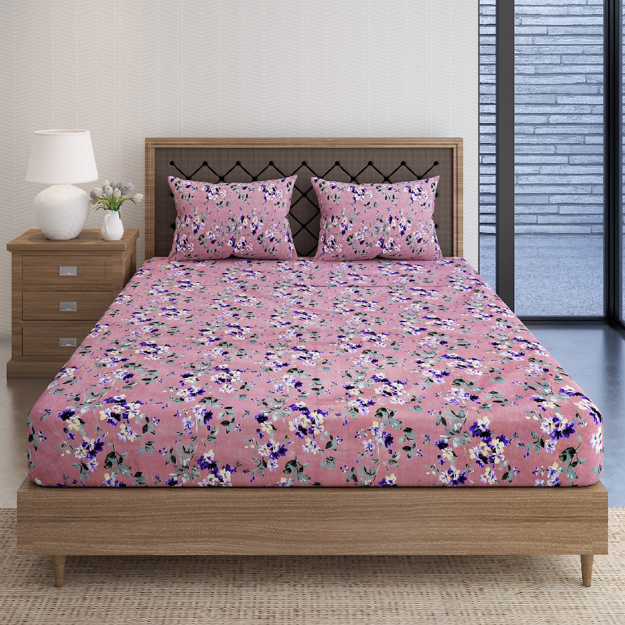 Lavender Bloom Pink & Purple Floral 160 TC Pure Cotton Bedsheet with Pillow Cover